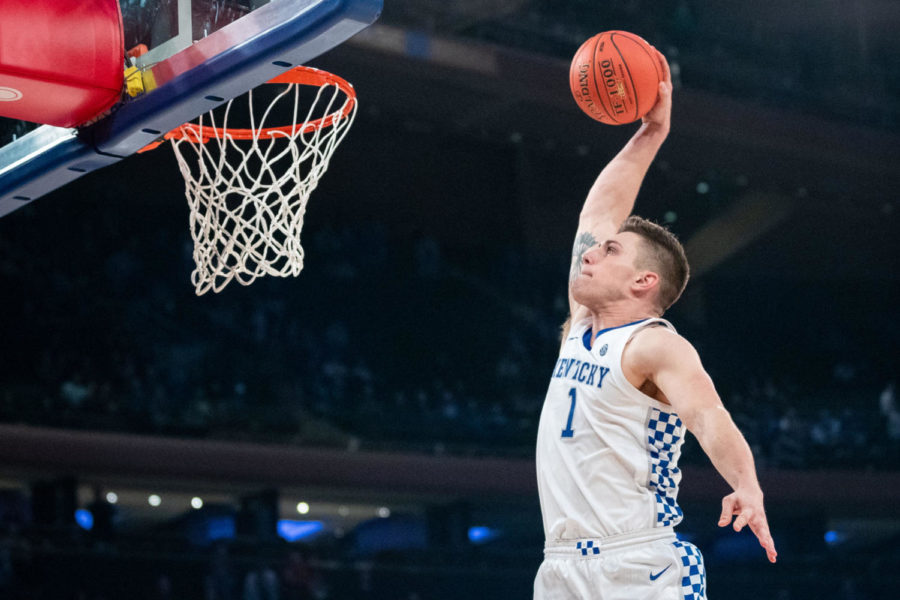 Kentucky graduate student forward Nate Sestina dunks the ball to finish Kentucky’s game against Michigan State as part of the State Farm Champions Classic on Wednesday, Nov. 6, 2019, at Madison Square Garden in New York City, New York. UK won 69-62. Photo by Michael Clubb | Staff