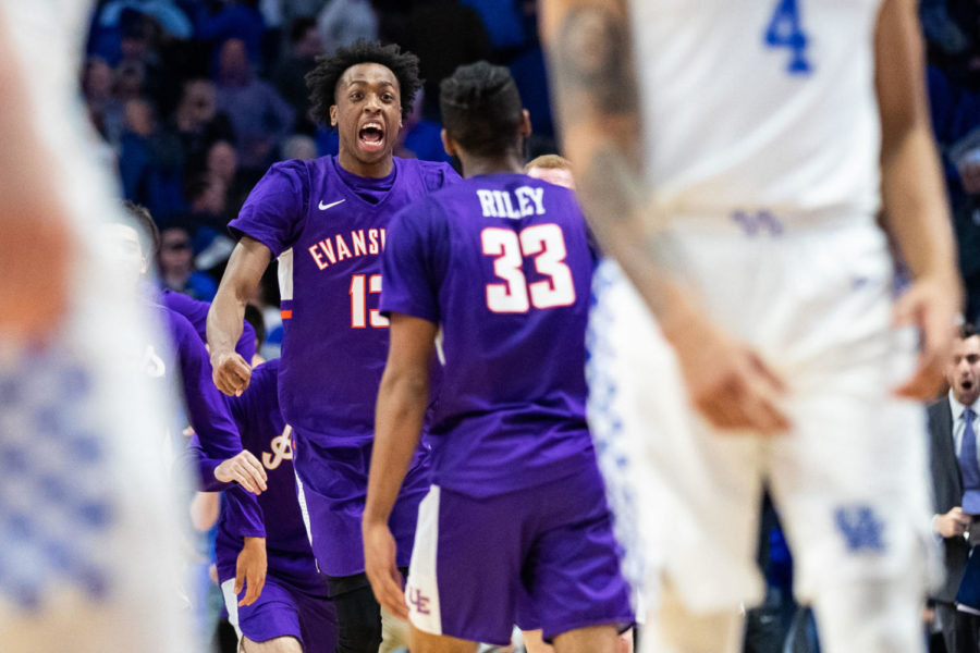 Evansville sophomore forward Deandre Williams celebrates at the end of the Kentucky vs Evansville basketball game on Tuesday, Nov. 12, 2019, at Rupp Arena in Lexington, Kentucky. UK lost 67-64. Photo by Michael Clubb | Staff