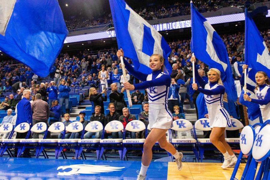 Kentucky+cheerleaders+run+onto+the+court+ahead+of+the+game+against+Mount+St.+Marys+on+Friday%2C+Nov.+22%2C+2019%2C+at+Rupp+Arena+in+Lexington%2C+Kentucky.+Kentucky+won+82-62.+Photo+by+Jordan+Prather+%7C+Staff