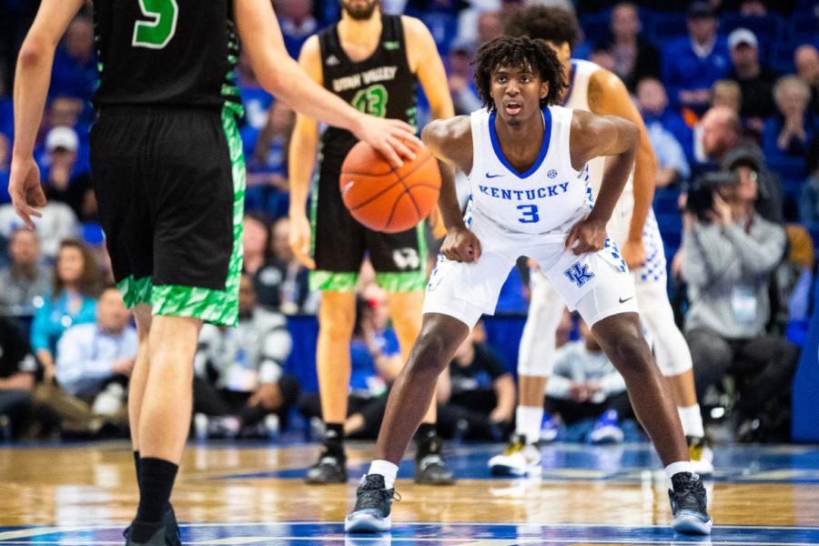 Kentucky freshman guard Tyrese Maxey guards a Utah Valley player during the University of Kentucky vs. Utah Valley men’s basketball game on Monday, Nov. 18, 2019, at Rupp Arena in Lexington, Kentucky. UK won 82-74. Photo by Michael Clubb | Staff