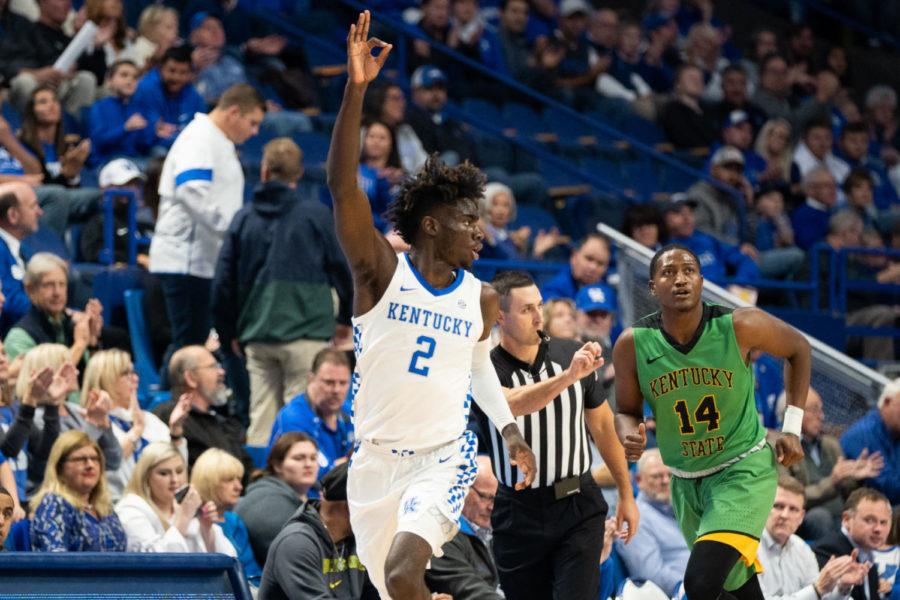 Kahlil Whitney scores a jump shot during the exhibition game against Kentucky State University on Friday, Nov. 1st, 2019, at Rupp Arena in Lexington, Kentucky. Kentucky won 83-51. Photo by Breven Walker | Staff