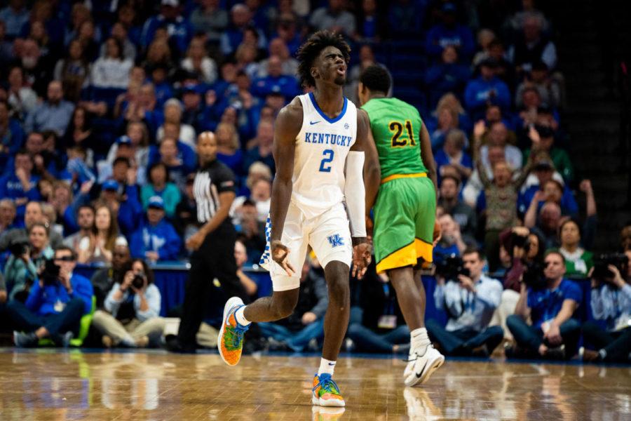 Kahlil Whitney celebrates a score during the exhibition game against Kentucky State University on Friday, Nov. 1st, 2019, at Rupp Arena in Lexington, Kentucky. Kentucky won 83-51. Photo by Breven Walker | Staff