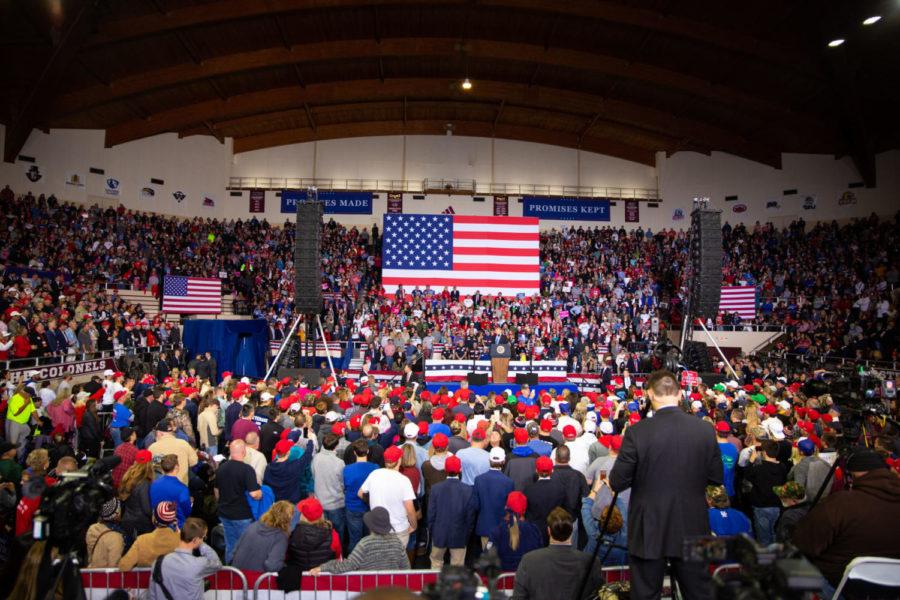 Eastern Kentucky Universitys Alumni Coliseum is completely filled with attendees during the make America great again rally on Saturday, Oct. 13, 2018 at Alumni Coliseum in Richmond, Ky. Photo by Jordan Prather | Staff