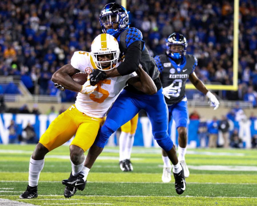 Freshman defensive back Jamari Brown makes a tackle during the game against Tennessee on Saturday, November 9, 2019 in Lexington, Ky. Photo by Chase Phillips | Staff