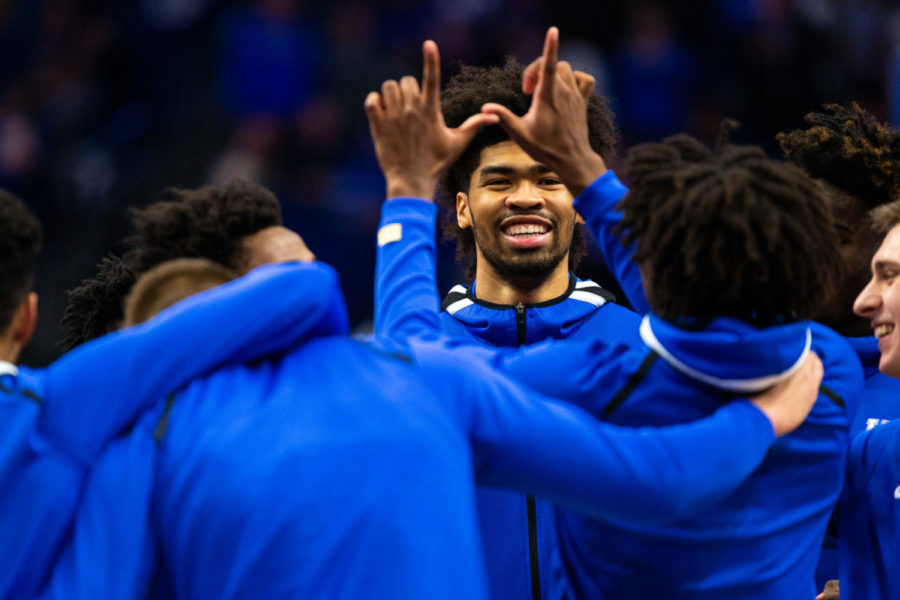 Kentucky junior forward Nick Richards smiles in the huddle before the game against Utah Valley State on Monday, Nov. 18, 2019, at Rupp Arena in Lexington, Kentucky. Kentucky won 82-74. Photo by Jordan Prather | Staff