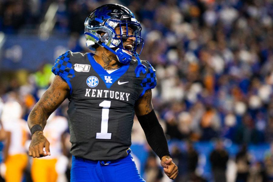 Kentucky quarterback Lynn Bowden Jr. celebrates a touchdown scored by running back AJ Rose during the game against Tennessee on Saturday, Nov. 9, 2019, at Kroger Field in Lexington, Kentucky. Tennessee won 17-13. Photo by Jordan Prather | Staff