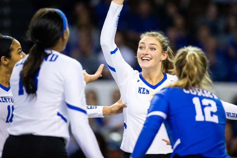 Kentucky junior Madison Lilley celebrates a point with her teammates in the first round game of the DI NCAA Volleyball Tournament against Southeast Missouri State on Friday, Dec. 6, 2019, at Memorial Coliseum in Lexington, Kentucky. Kentucky won 3 sets to 0. Photo by Jordan Prather | Staff