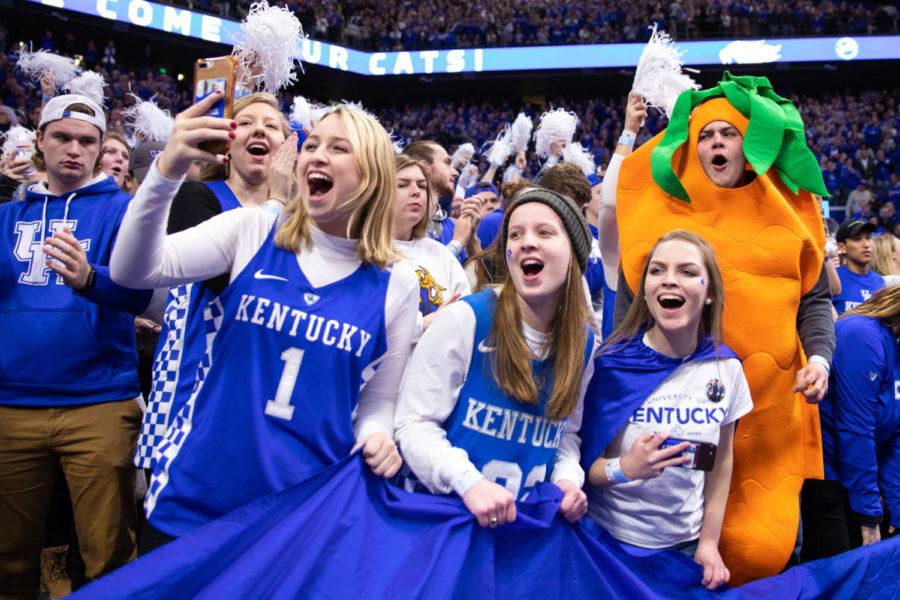 A+packed+student+section+gets+rowdy+before+the+game+against+Kansas+on+Saturday%2C+Jan.+26%2C+2019%2C+at+Rupp+Arena+in+Lexington%2C+Kentucky.+Kentucky+won+with+a+final+score+of+71-63.+Photo+by+Jordan+Prather+%7C+Staff