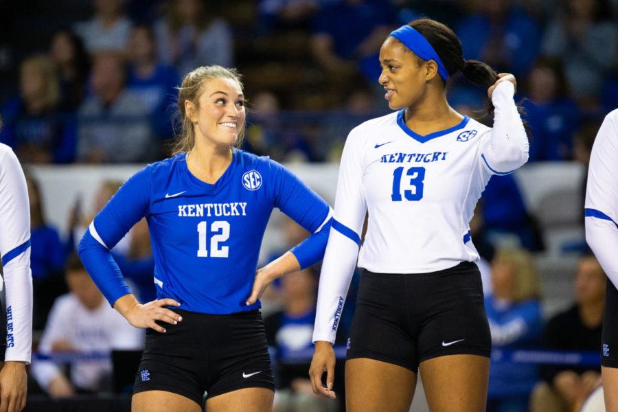 Kentucky+junior+Gabby+Curry+talks+with+senior+Leah+Edmond+before+the+first+round+game+of+the+DI+NCAA+Volleyball+Tournament+against+Southeast+Missouri+State+on+Friday%2C+Dec.+6%2C+2019%2C+at+Memorial+Coliseum+in+Lexington%2C+Kentucky.+Kentucky+won+3+sets+to+0.+Photo+by+Jordan+Prather+%7C+Staff