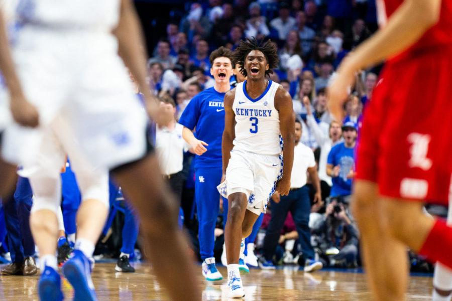 Kentucky freshman guard Tyrese Maxey screams as he runs on to the court to celebrate a three pointer made by sophomore guard Immanuel Quickley during the game against Louisville on Saturday, Dec. 28, 2019, at Rupp Arena in Lexington, Kentucky. Kentucky won 78-70 in overtime. Photo by Jordan Prather | Staff