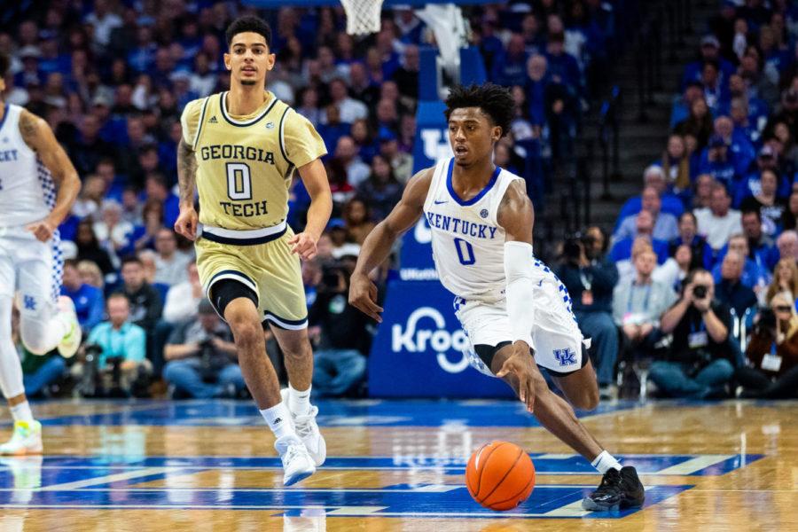 Kentucky sophomore guard Ashton Hagans dribbles the ball up the court during the Kentucky vs Georgia Tech basketball game on Saturday, Dec. 14, 2019, at Rupp Arena in Lexington, Kentucky. UK won 67-53. Photo by Michael Clubb | Staff