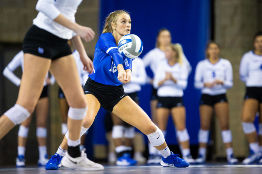 Kentucky junior Gabby Curry hits the ball in the first round game of the DI NCAA Volleyball Tournament against Southeast Missouri State on Friday, Dec. 6, 2019, at Memorial Coliseum in Lexington, Kentucky. Kentucky won 3 sets to 0. Photo by Jordan Prather | Staff