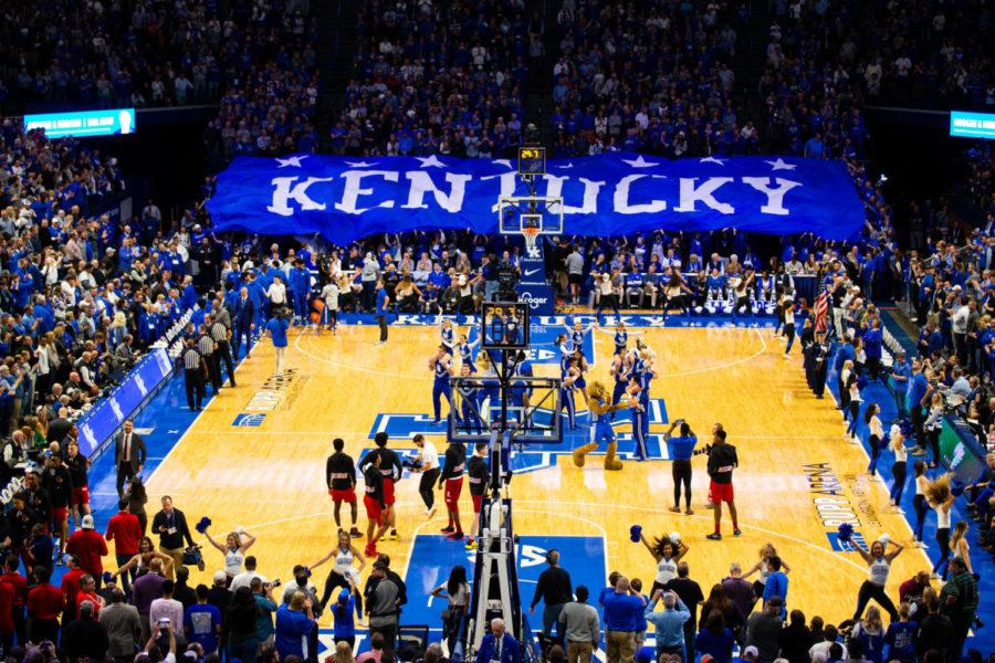 The+Kentucky+flag+waves+over+the+student+section+before+the+game+against+Louisville+on+Saturday%2C+Dec.+28%2C+2019%2C+at+Rupp+Arena+in+Lexington%2C+Kentucky.+Kentucky+won+78-70+in+overtime.+Photo+by+Jordan+Prather+%7C+Staff