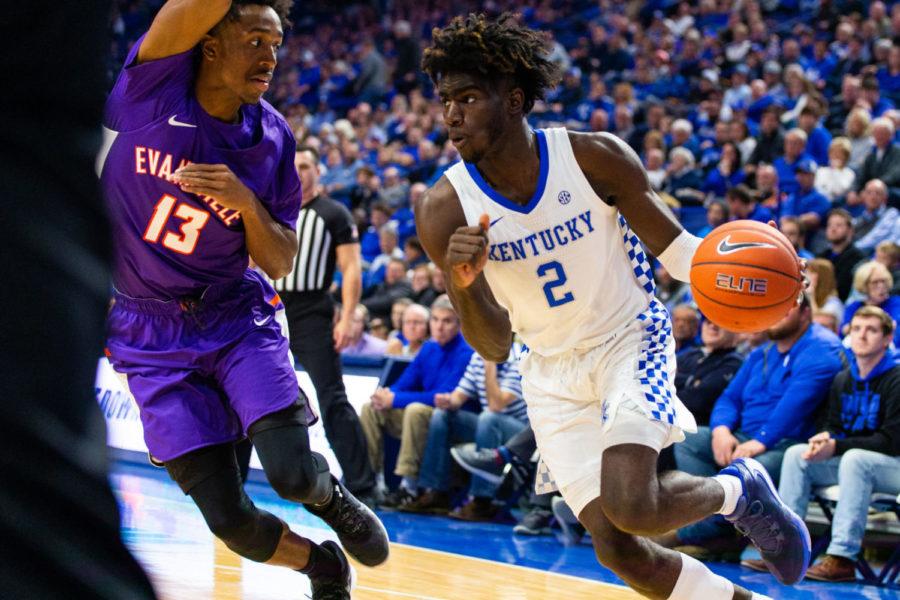 Kentucky+freshman+forward+Kahlil+Whitney+drives+to+the+basket+during+the+game+against+Evansville+on+Tuesday%2C+Nov.+12%2C+2019%2C+at+Rupp+Arena+in+Lexington%2C+Kentucky.+Evansville+won+67-64.+Photo+by+Jordan+Prather+%7C+Staff