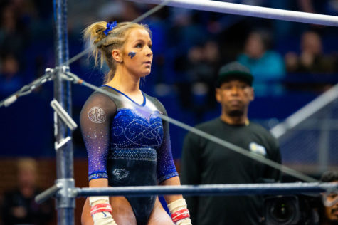 Kentucky senior Mollie Korth gets ready to compete on the bars during the Excite Night meet against Missouri on Friday, Jan. 10, 2020, at Rupp Arena in Lexington, Kentucky. Kentucky won 196.525-195.500. Photo by Jordan Prather | Staff