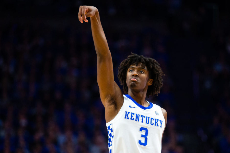 Kentucky freshman guard Tyrese Maxey holds his finish during the game against Missouri on Saturday, Jan. 4, 2020, at Rupp Arena in Lexington, Kentucky. Kentucky won 71-59. Photo by Jordan Prather | Staff