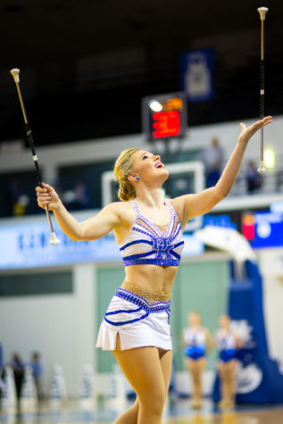 Kentucky feature twirler Wren Williams performs during halftime of the game against Texas A&M on Thursday, Jan. 16, 2020, at Memorial Coliseum in Lexington, Kentucky. Kentucky won 76-54. Photo by Jordan Prather | Staff