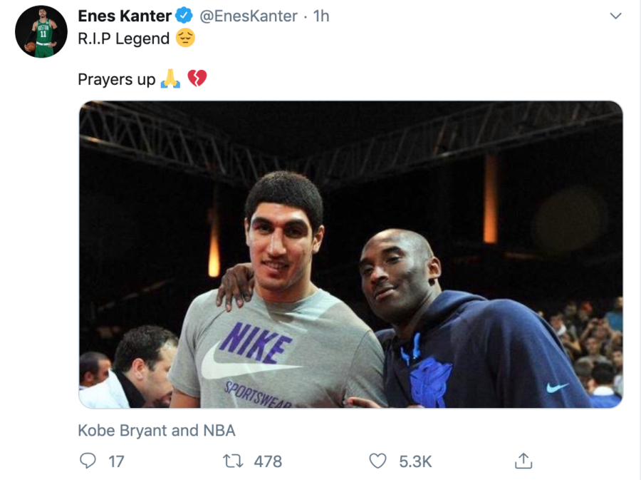 Former Kentucky basketball player Enes Kanter tweets a picture of himself and Kobe Bryant after learning of Bryants death. 