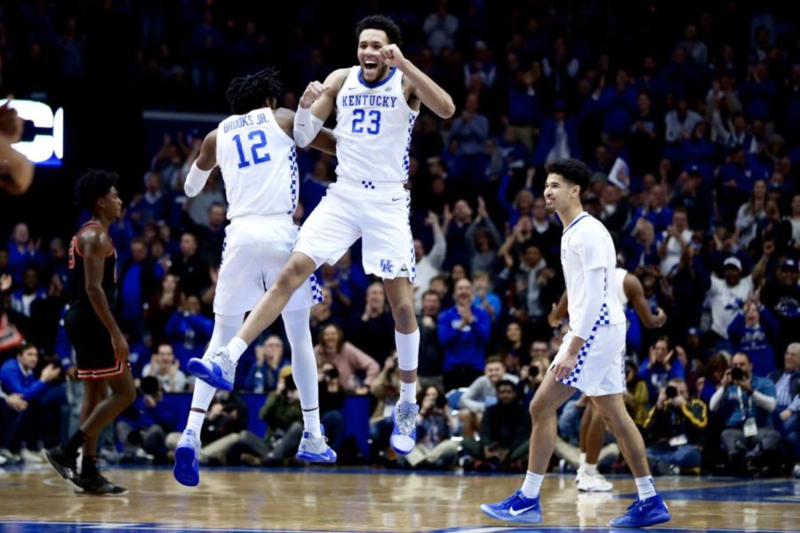 Keion+Brooks+and+EJ+Montgomery+celebrate+after+a+Brooks+dunk+in+the+second+half+of+Kentucky+vs.+Georgia+in+Rupp+Arena+on+Tuesday%2C+Jan.+21%2C+2020.+%7C+Photo+by+Michael+Clubb