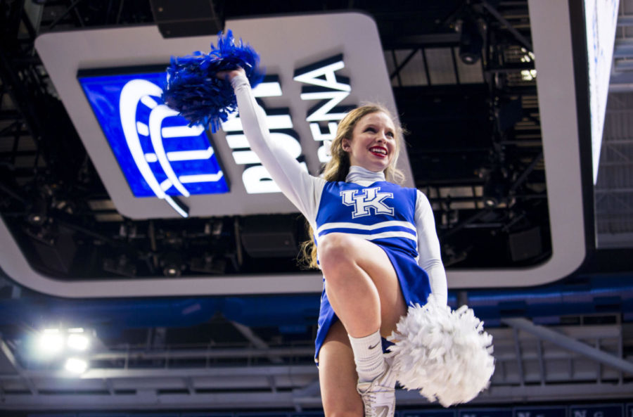 Kentucky cheerleaders entertain the crowd during a timeout during the game against Georgia on Sunday, December 31, 2017 in Lexington, Kentucky. Kentucky won 66 to 61. Photo by Olivia Beach | Staff