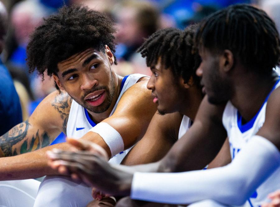 Kentucky junior forward Nick Richards talks with teammates on the bench during the game against Missouri on Saturday, Jan. 4, 2020, at Rupp Arena in Lexington, Kentucky. Kentucky won 71-59. Photo by Jordan Prather | Staff