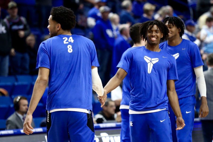 The Kentucky mens basketball team honor Kobe Bryant with special warm up shirts before the Vanderbilt game on Wednesday, Jan. 29, 2020. | Michael Clubb | Staff