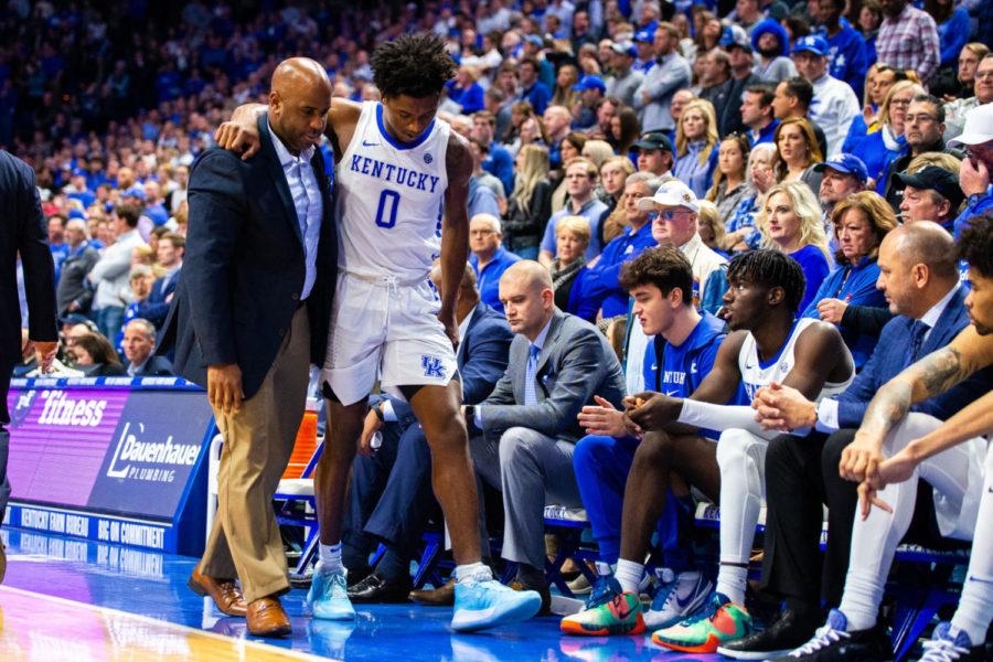 Kentucky+sophomore+guard+Ashton+Hagans+is+helped+off+the+court+during+the+game+against+Missouri+on+Saturday%2C+Jan.+4%2C+2020%2C+at+Rupp+Arena+in+Lexington%2C+Kentucky.+Kentucky+won+71-59.+Photo+by+Jordan+Prather+%7C+Staff
