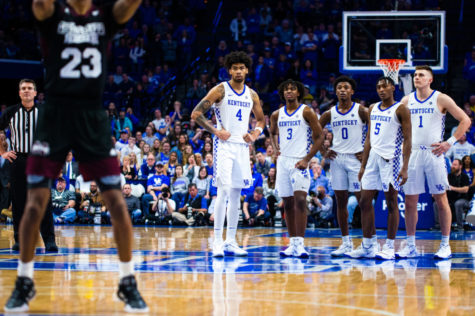 Kentucky players watch as a Mississippi State player shots free throws for a technical foul called on head coach John Calipari during the game against Mississippi State on Tuesday, Feb. 4, 2020, at Rupp Arena in Lexington, Kentucky. Kentucky won 80-72. Photo by Jordan Prather | Staff