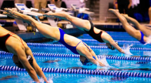 Kentucky and Cincinnati swimmers dive into the pool during the meet against the University of Cincinnati on Friday, Jan. 31, 2020, at the Lancaster Aquatic Center in Lexington, Kentucky. Photo by Jordan Prather | Staff