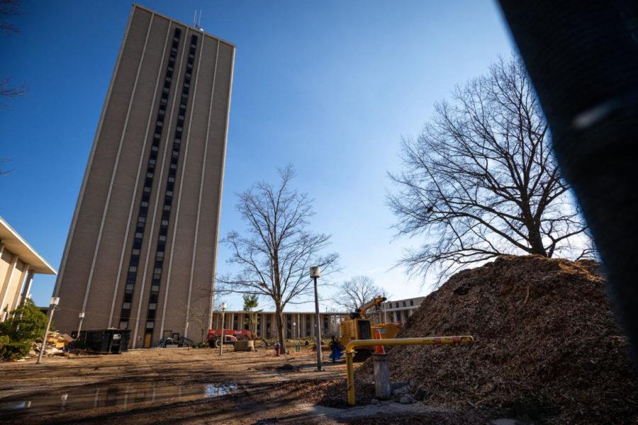 Construction crews cut down and mulched trees in the Kirwan-Blanding complex on Wednesday, Feb. 19, 2020, at the University of Kentucky in Lexington, Kentucky. Administration officials previously said that much of the greenery in the area would be preserved while the towers and surrounding complex were torn down. After the destruction of the complex, a green space and a new dorm will be built in the area. Photo by Michael Clubb | Staff