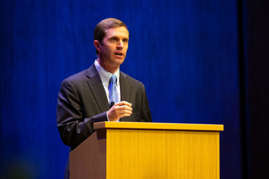 Then-Democratic candidate for governor Andy Beshear responds to a question during the gubernatorial debate on Tuesday, Oct. 15, 2019, at the Singletary Center for the Arts in Lexington, Kentucky. Photo by Jordan Prather | Staff