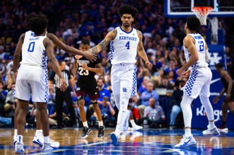 Kentucky junior forward Nick Richards celebrates a basket during the game against Mississippi State on Tuesday, Feb. 4, 2020, at Rupp Arena in Lexington, Kentucky. Kentucky won 80-72. Photo by Jordan Prather | Staff