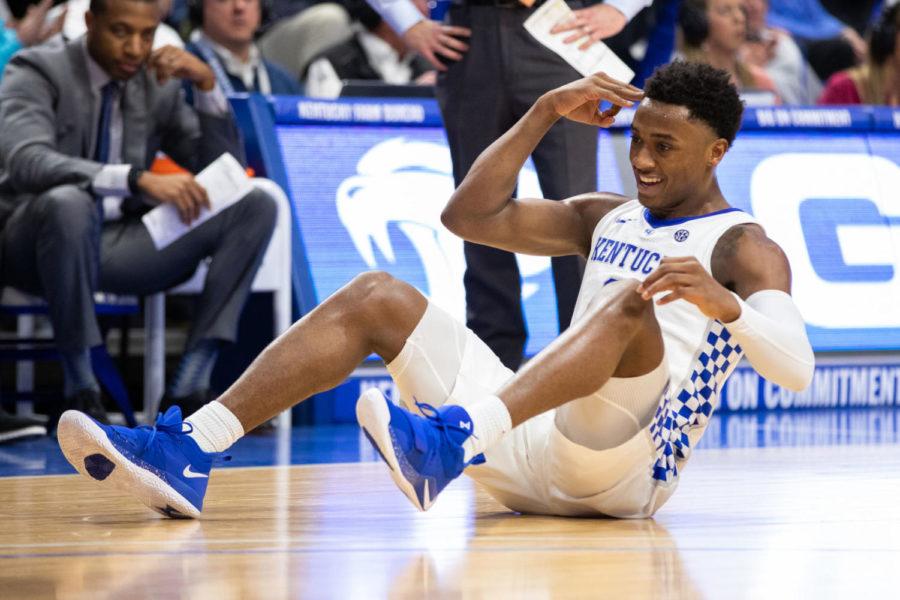 Freshman guard Ashton Hagans celebrates after a making a three point shot. UK mens basketball team defeated Florida 66-57 on senior night at Rupp Arena on Saturday, March 9, 2019, in Lexington, Kentucky. Photo by Michael Clubb | Staff