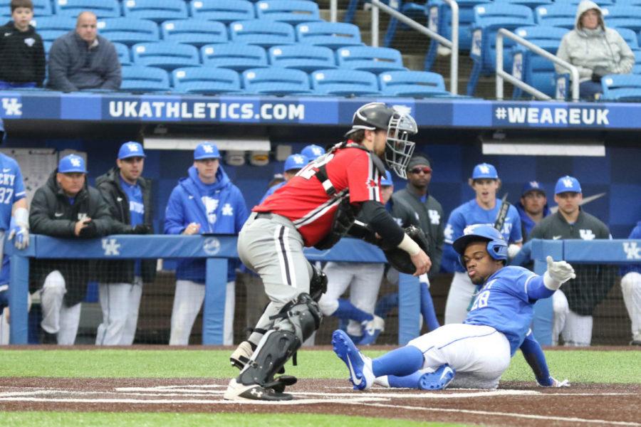 Junior+outfielder+Oraj+Anu+slides+safely+into+home+during+the+game+against+Southeastern+Missouri+State+on+Tuesday%2C+February+18%2C+2020+in+Lexington%2C+Ky.+Photo+by+Chase+Phillips+%7C+Staff