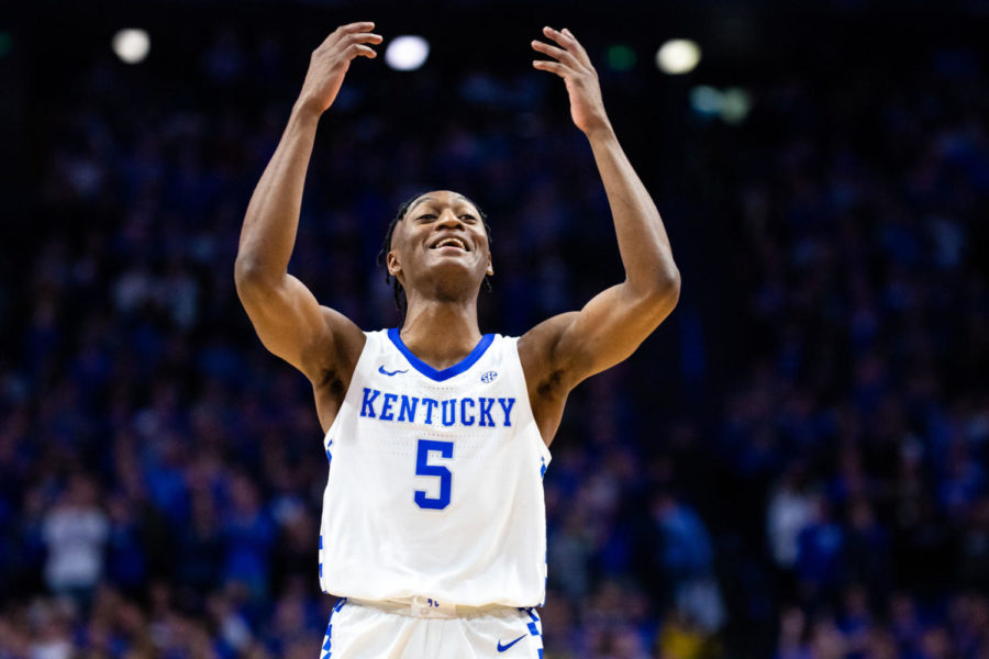 Kentucky+sophomore+guard+Immanuel+Quickley+celebrates+at+the+end+of+the+game+against+Ole+Miss+on+Saturday%2C+Feb.+15%2C+2020%2C+at+Rupp+Arena+in+Lexington%2C+Kentucky.+Kentucky+won+67-62.+Photo+by+Jordan+Prather+%7C+Staff