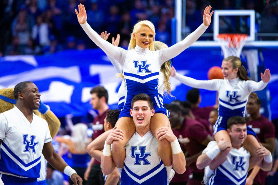 The+Kentucky+cheerleaders+dance+around+before+the+game+against+Mississippi+State+on+Tuesday%2C+Feb.+4%2C+2020%2C+at+Rupp+Arena+in+Lexington%2C+Kentucky.+Kentucky+won+80-72.+Photo+by+Jordan+Prather+%7C+Staff