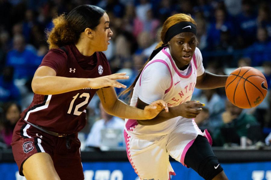 Kentucky sophomore guard Rhyne Howard drives the ball past a defender during the University of Kentucky vs. South Carolina womens basketball game on Sunday, Feb. 23, 2020, at Memorial Coliseum in Lexington, Kentucky. UK lost 67-58. Photo by Michael Clubb | Staff