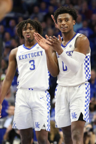 Kentucky sophomore guard Ashton Hagans claps for EJ Montgomery coming off the court during the game against Mississippi State on Tuesday, February 4, 2020 in Lexington, Ky. Kentucky won 80-72. Photo by Chase Phillips | Staff