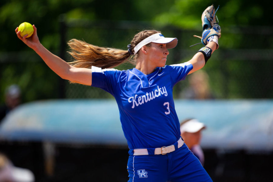 Kentucky junior Grace Baalman pitches during the game against Virginia Tech in the NCAA tournament Regionals on Saturday, May 18, 2019, at John Cropp Stadium in Lexington, Kentucky. Photo by Jordan Prather | Staff