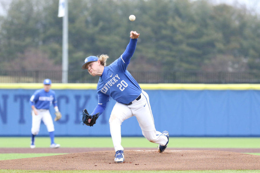 Sophomore pitcher Braxton Cottongame throws a pitch during the game against Southeastern Missouri State on Tuesday, February 18, 2020 in Lexington, Ky. Photo by Chase Phillips | Staff