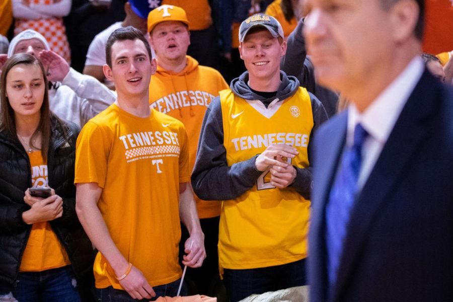 A+UT+student+stares+down+Kentucky+head+coach+John+Calipari+before+the+Kentucky+vs.+Tennessee+mens+basketball+game+on+Saturday%2C+Feb.+8%2C+2020%2C+at+Thompson+Bowling+Arena+in+Knoxville%2C+Tennessee.+Kentucky+won+77-64.+Photo+by+Michael+Clubb+%7C+Staff
