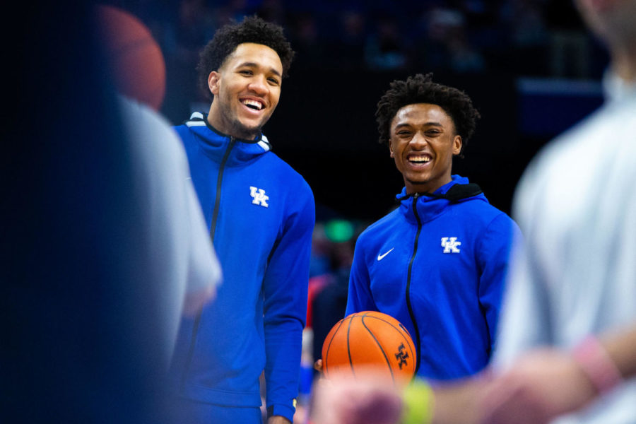 Kentucky+sophomore+forward+EJ+Montgomery+and+sophomore+guard+Ashton+Hagans+smile+during+warm-ups+before+the+game+against+Auburn+on+Saturday%2C+Feb.+29%2C+2020%2C+at+Rupp+Arena+in+Lexington%2C+Kentucky.+Kentucky+won+73-66+clinching+the+SEC+regular+season+title.+Photo+by+Jordan+Prather+%7C+Staff