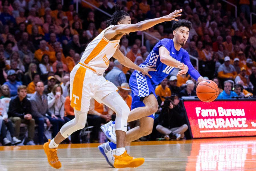 Kentucky guard Johnny Juzang passes the ball during the Kentucky vs. Tennessee mens basketball game on Saturday, Feb. 8, 2020, at Thompson Bowling Arena in Knoxville, Tennessee. Kentucky won 77-64. Photo by Michael Clubb | Staff