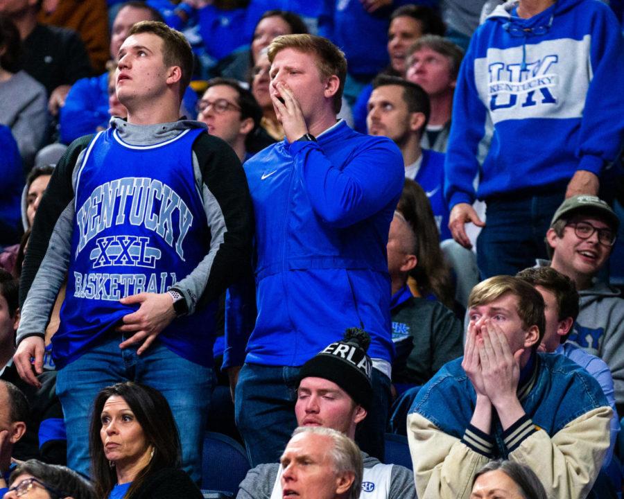 Kentucky fans boo the referees after a foul call during the game against Auburn on Saturday, Feb. 29, 2020, at Rupp Arena in Lexington, Kentucky. Kentucky won 73-66 clinching the SEC regular season title. Photo by Jordan Prather | Staff