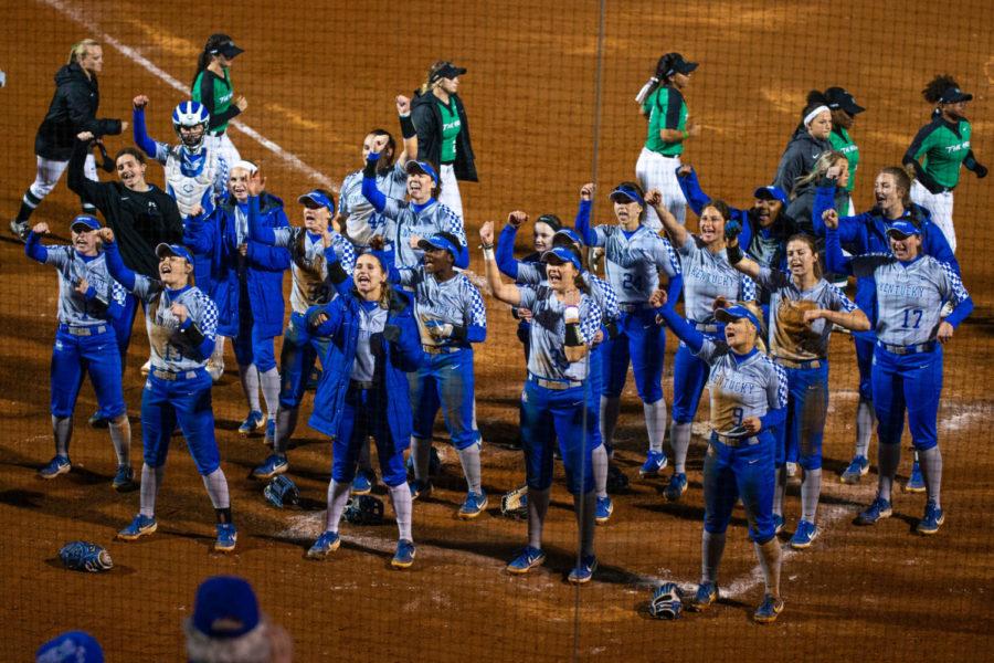 The Kentucky softball team cheers with the crowd after the game against Marshall on Wednesday, March 11, 2020, at John Cropp Stadium in Lexington, Kentucky. Kentucky won 16-15. Photo by Jordan Prather | Staff