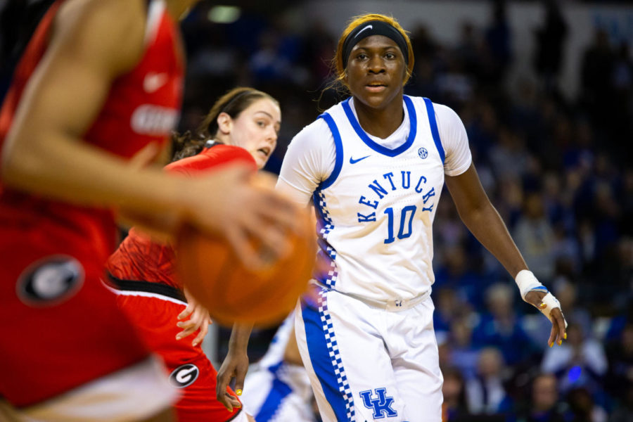 Kentucky sophomore guard Rhyne Howard gets ready to play defense during the game against Georgia on Thursday, Feb. 27, 2020, at Memorial Coliseum in Lexington, Kentucky. Kentucky won 88-77. Photo by Jordan Prather | Staff