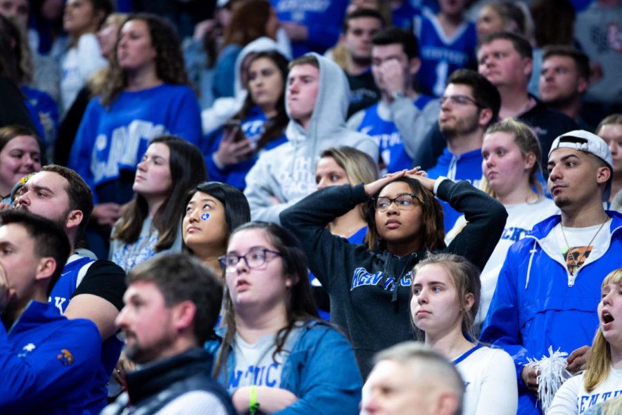 A UK student holds her hands in desperation during the University of Kentucky vs. Tennessee mens basketball game on Tuesday, March 3, 2020, at Rupp Arena in Lexington, Kentucky. UK lost 81-73. Photo by Michael Clubb | Staff