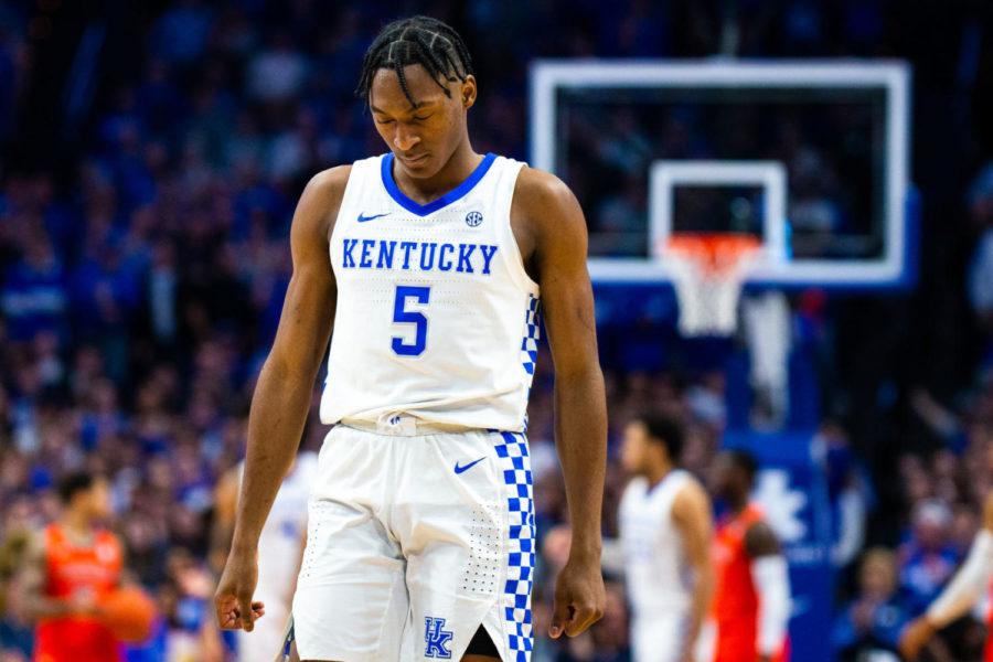 Kentucky sophomore guard Immanuel Quickley walks across the court during the game against Auburn on Saturday, Feb. 29, 2020, at Rupp Arena in Lexington, Kentucky. Kentucky won 73-66 clinching the SEC regular season title. Photo by Jordan Prather | Staff