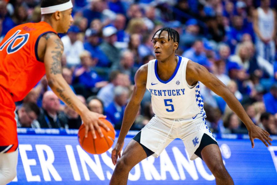 Kentucky+sophomore+guard+Immanuel+Quickley+gets+set+on+defense+during+the+game+against+Auburn+on+Saturday%2C+Feb.+29%2C+2020%2C+at+Rupp+Arena+in+Lexington%2C+Kentucky.+Kentucky+won+73-66+clinching+the+SEC+regular+season+title.+Photo+by+Jordan+Prather+%7C+Staff