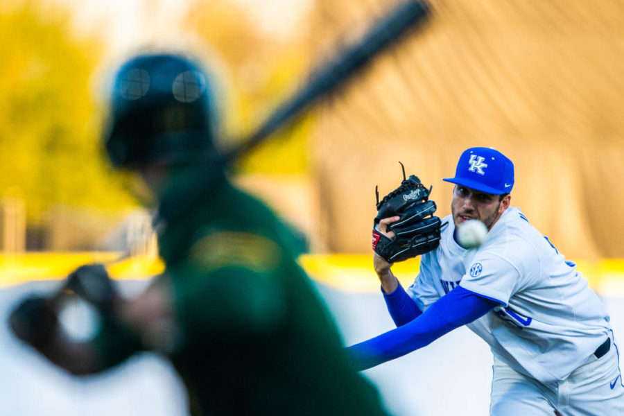 Kentucky junior Mason Hazelwood pitches during the game against Norfolk State University on Saturday, March 7, 2020, at Kentucky Proud Park in Lexington, Kentucky. Kentucky won 11-1. Photo by | Staff